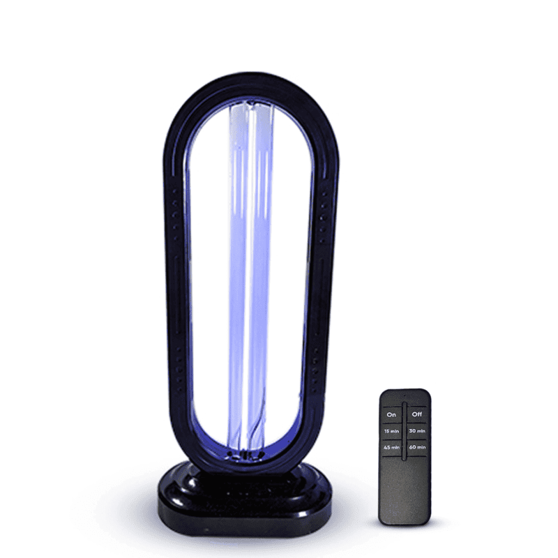 HaloClean UV light sanitizer with remote control. Features 3 timer settings for quick and easy disinfection.